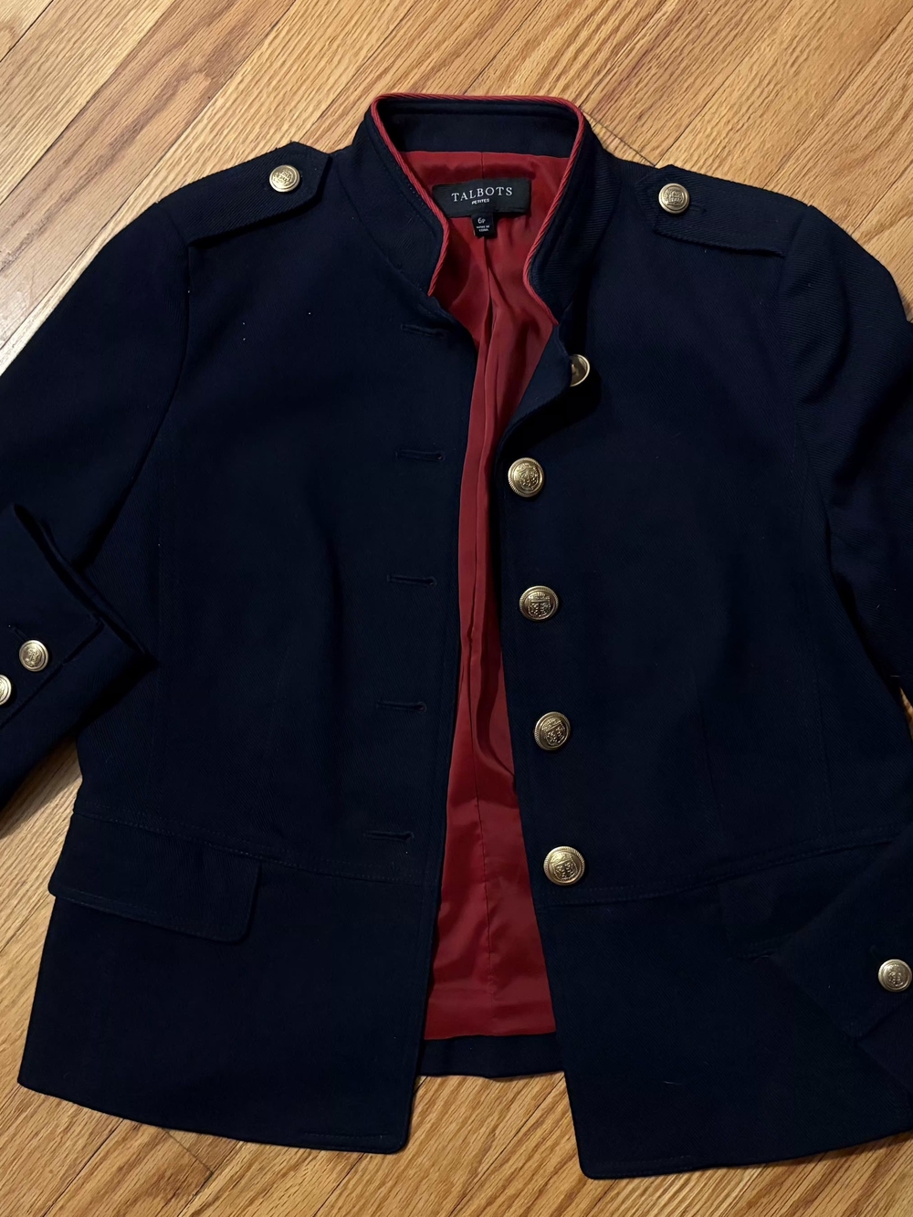 Talbots Navy Military-Style Jacket with Red Lining and Gold Buttons